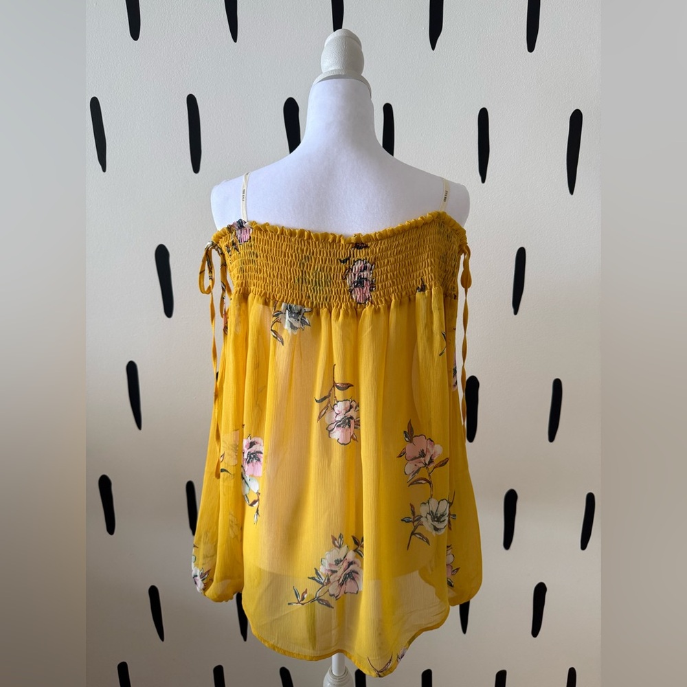 Moon River Yellow Floral Off-Shoulder Smocked Tunic